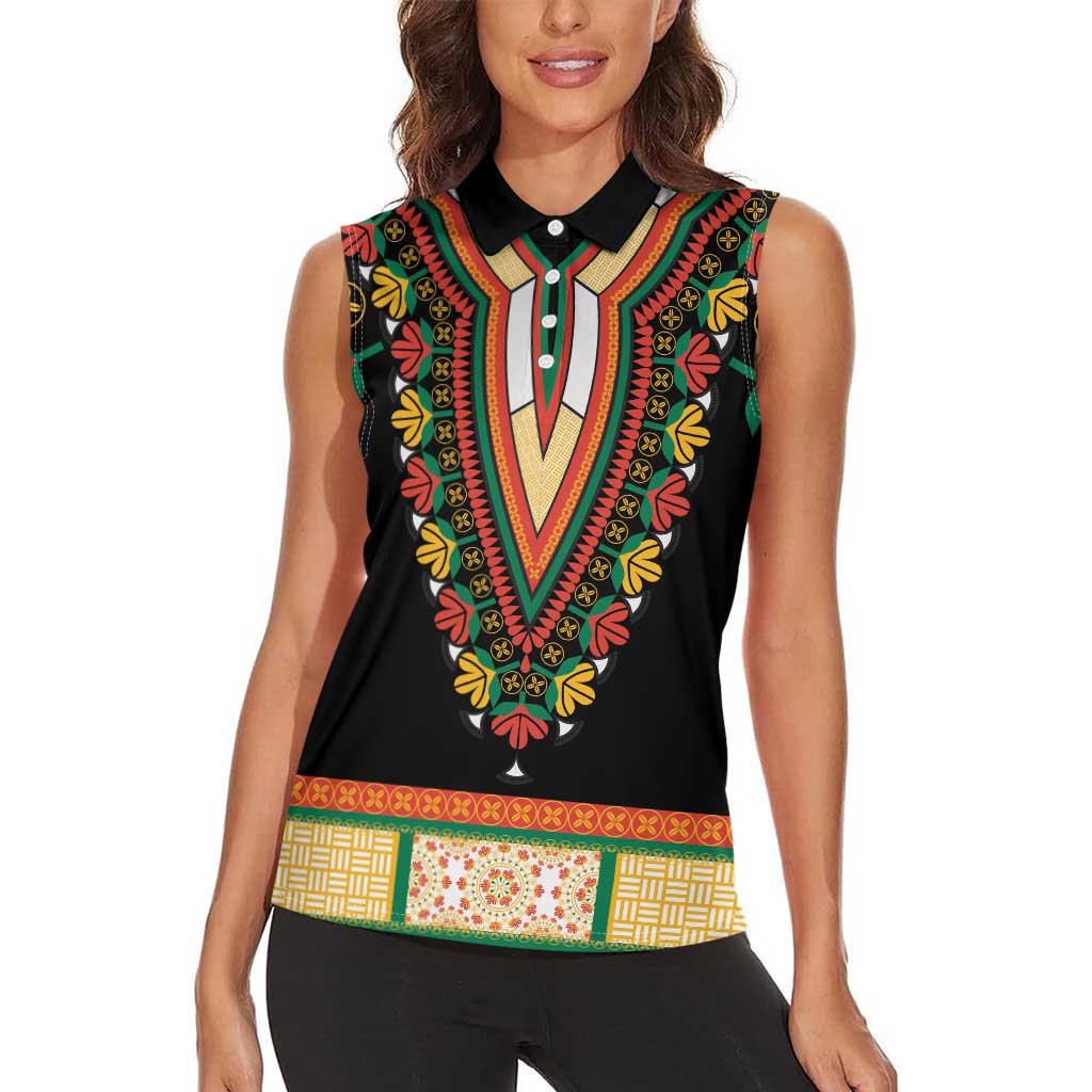 Africa Dashiki Women Sleeveless Polo Shirt Embroidery Neckline Floral Pattern - Wonder Print Shop