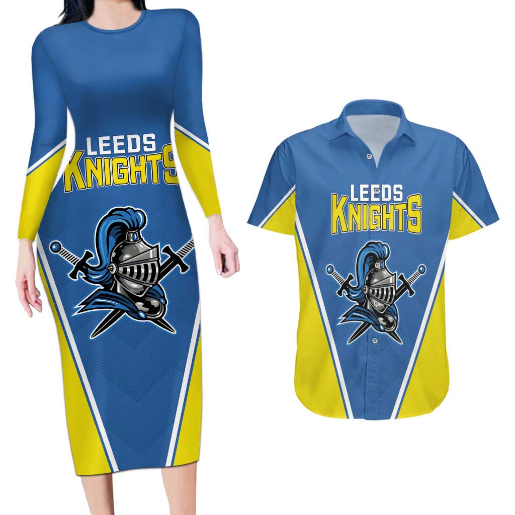 Custom West Knights of Yorkshire Couples Matching Long Sleeve Bodycon Dress and Hawaiian Shirt Skate Hard Hit Harder Blue Version - Wonder Print Shop