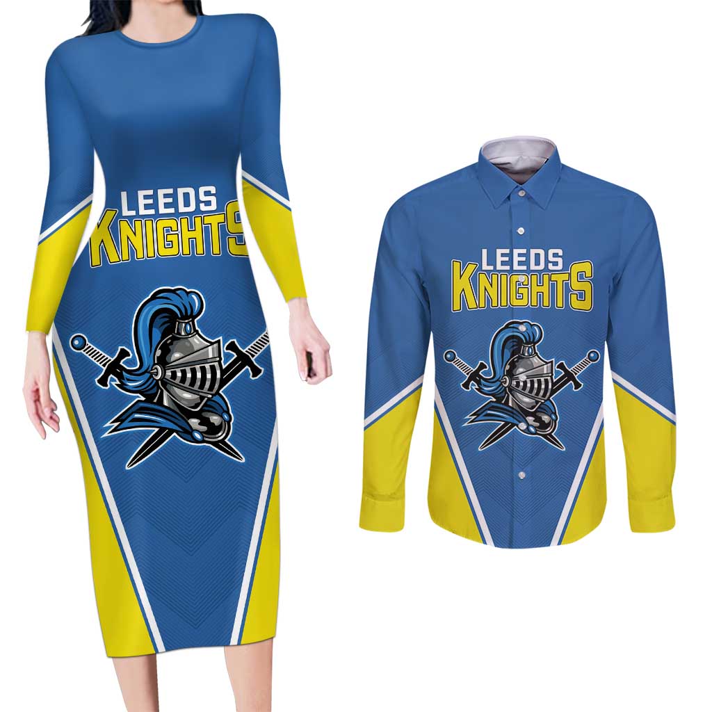 Custom West Knights of Yorkshire Couples Matching Long Sleeve Bodycon Dress and Long Sleeve Button Shirt Skate Hard Hit Harder Blue Version - Wonder Print Shop