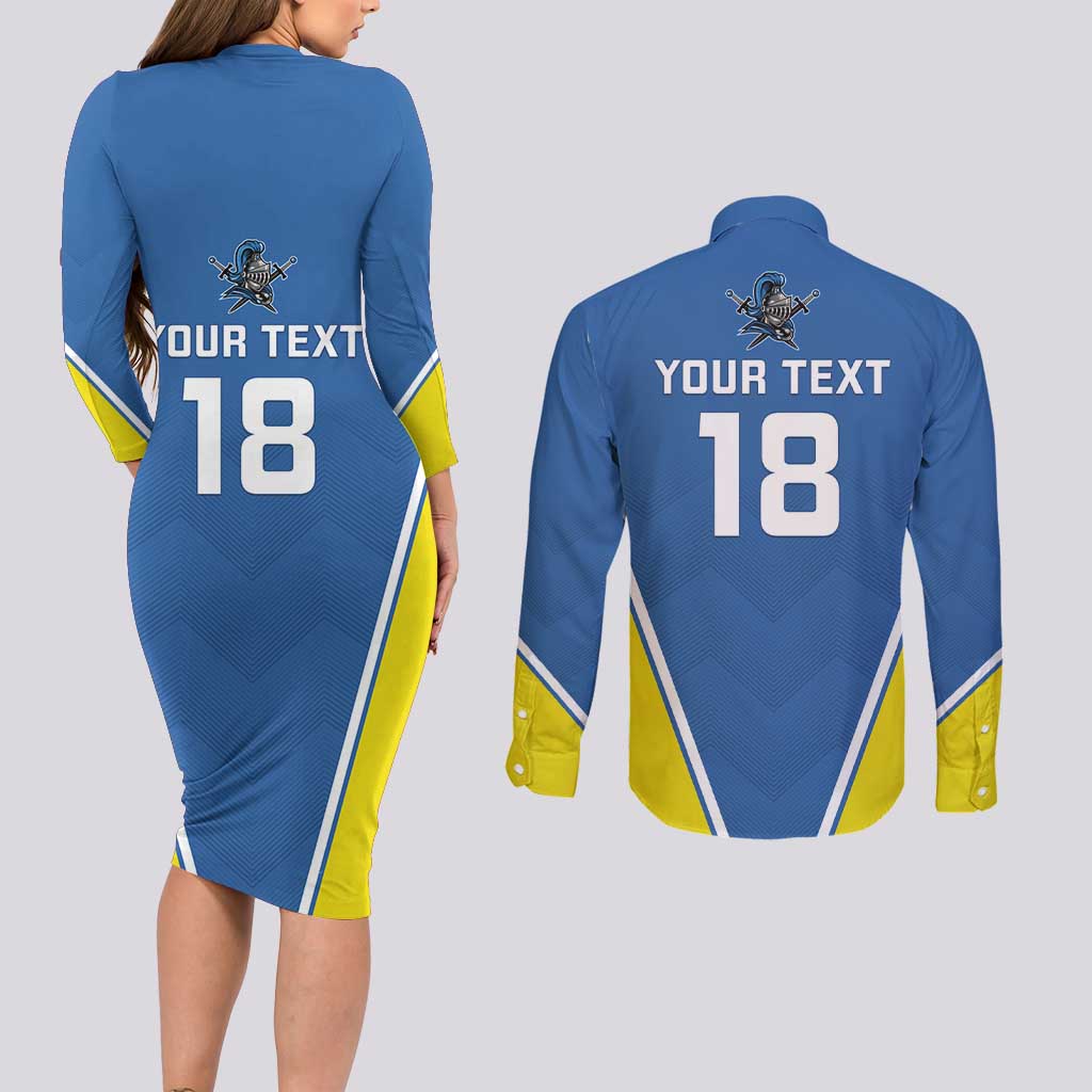 Custom West Knights of Yorkshire Couples Matching Long Sleeve Bodycon Dress and Long Sleeve Button Shirt Skate Hard Hit Harder Blue Version - Wonder Print Shop