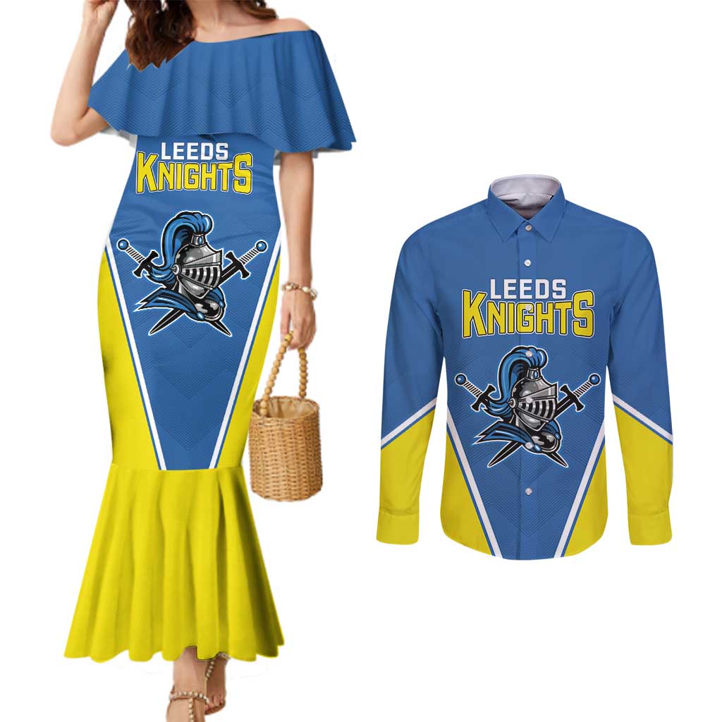 Custom West Knights of Yorkshire Couples Matching Mermaid Dress and Long Sleeve Button Shirt Skate Hard Hit Harder Blue Version - Wonder Print Shop