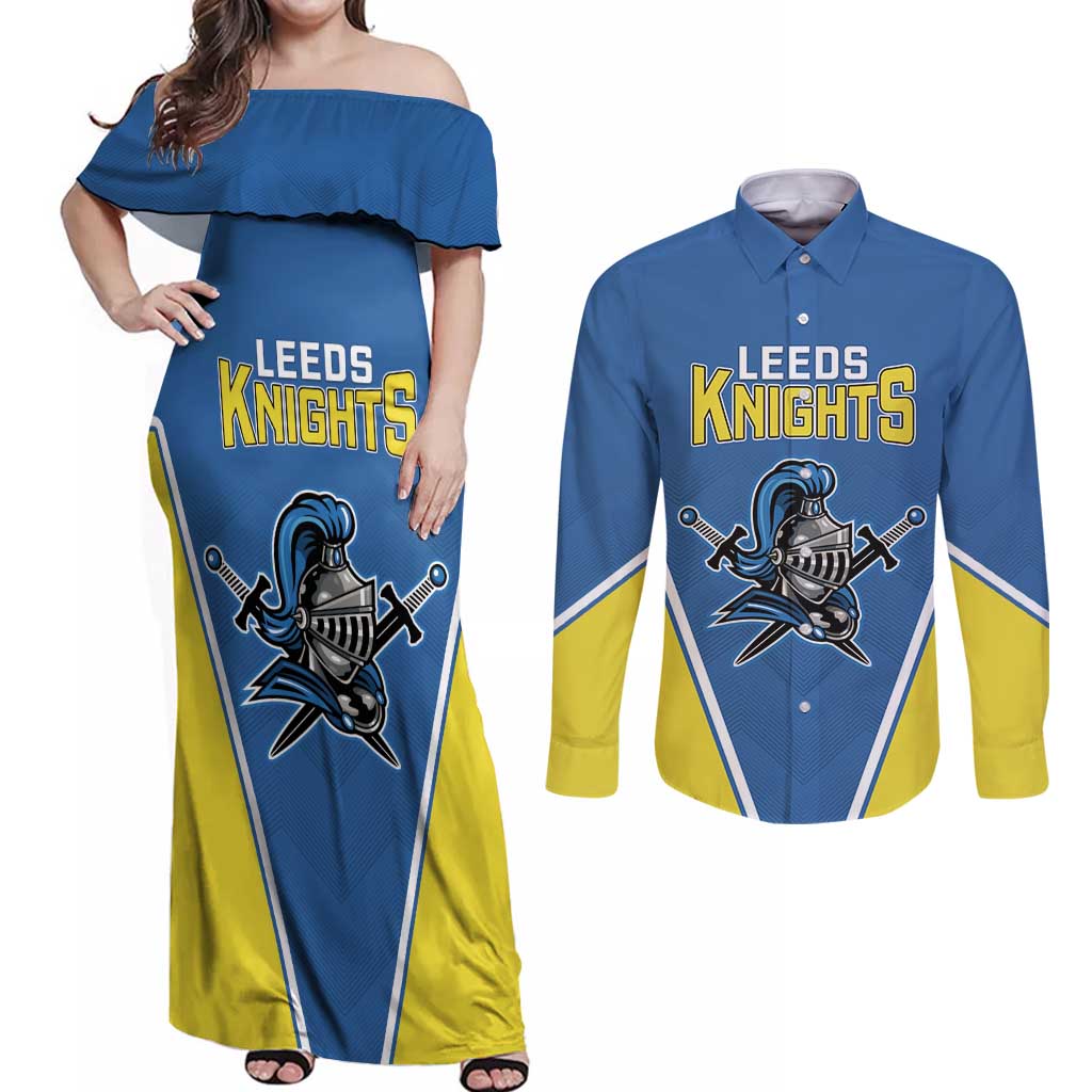 Custom West Knights of Yorkshire Couples Matching Off Shoulder Maxi Dress and Long Sleeve Button Shirt Skate Hard Hit Harder Blue Version - Wonder Print Shop