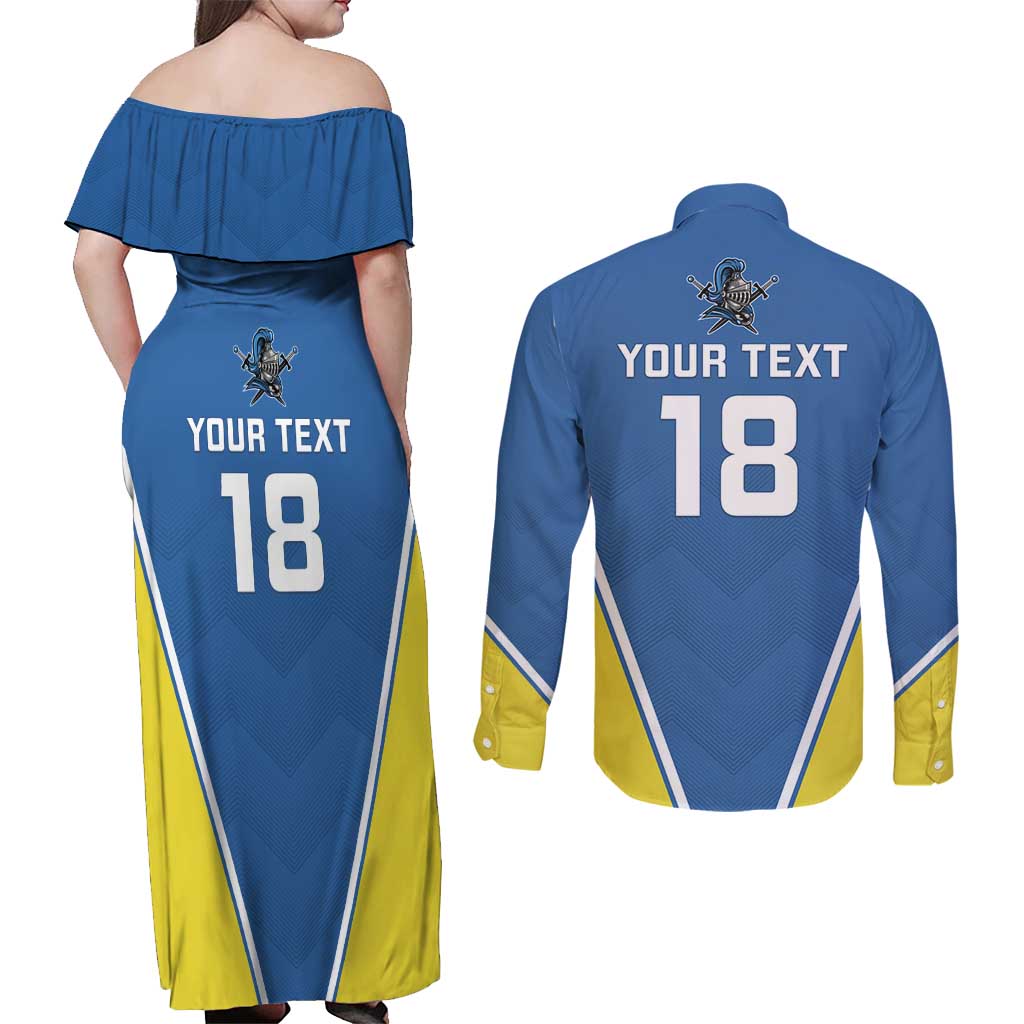 Custom West Knights of Yorkshire Couples Matching Off Shoulder Maxi Dress and Long Sleeve Button Shirt Skate Hard Hit Harder Blue Version - Wonder Print Shop