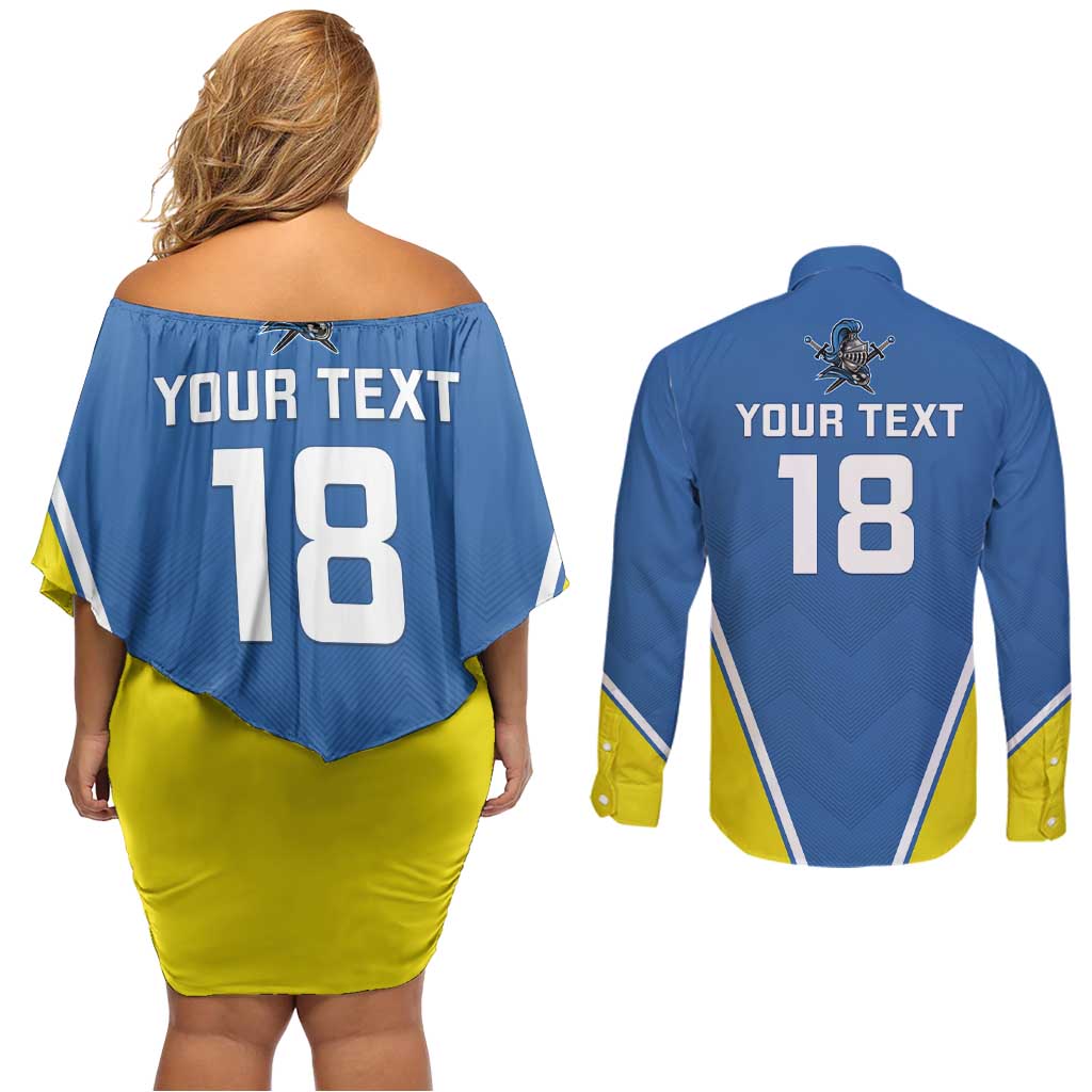 Custom West Knights of Yorkshire Couples Matching Off Shoulder Short Dress and Long Sleeve Button Shirt Skate Hard Hit Harder Blue Version - Wonder Print Shop