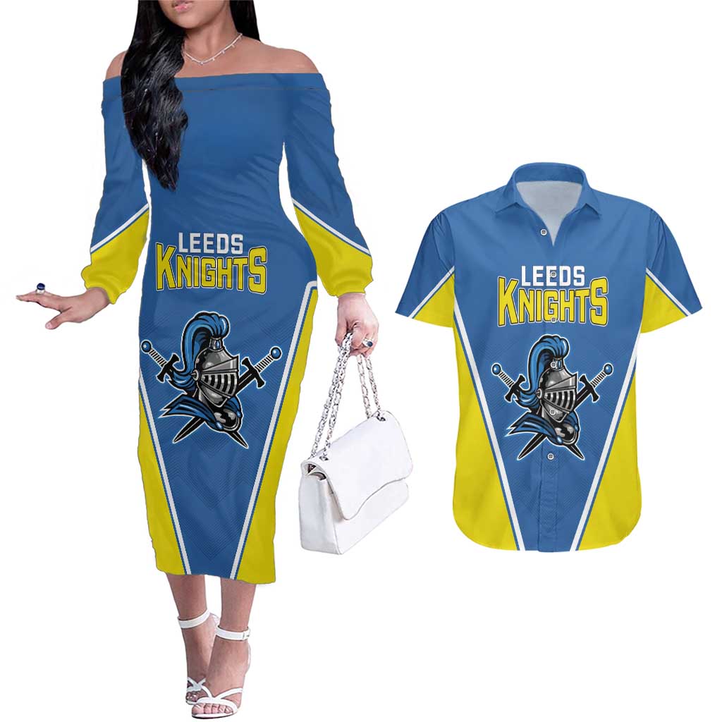 Custom West Knights of Yorkshire Couples Matching Off The Shoulder Long Sleeve Dress and Hawaiian Shirt Skate Hard Hit Harder Blue Version - Wonder Print Shop