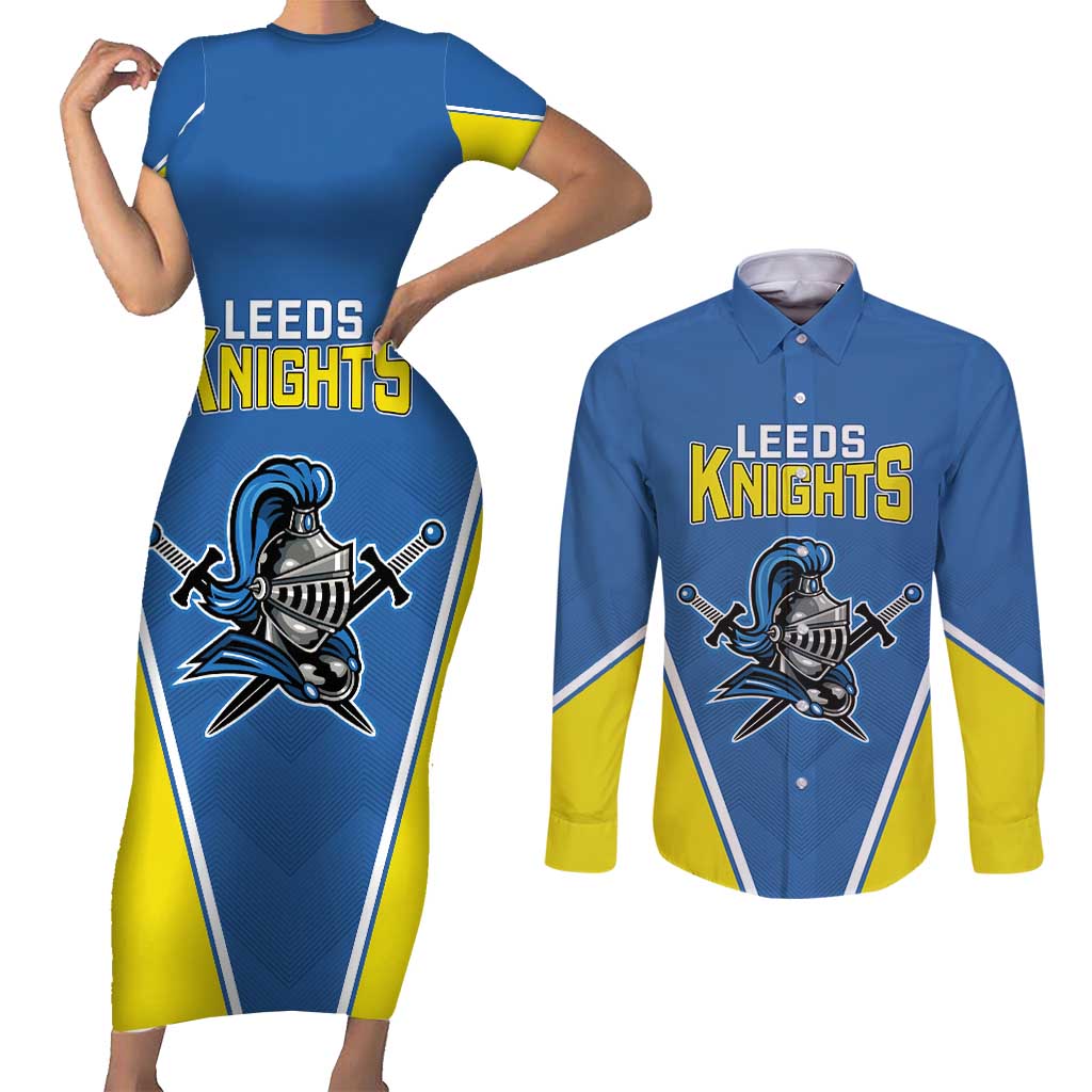 Custom West Knights of Yorkshire Couples Matching Short Sleeve Bodycon Dress and Long Sleeve Button Shirt Skate Hard Hit Harder Blue Version - Wonder Print Shop