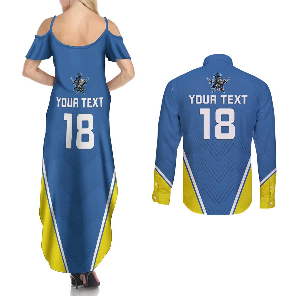Custom West Knights of Yorkshire Couples Matching Summer Maxi Dress and Long Sleeve Button Shirt Skate Hard Hit Harder Blue Version - Wonder Print Shop