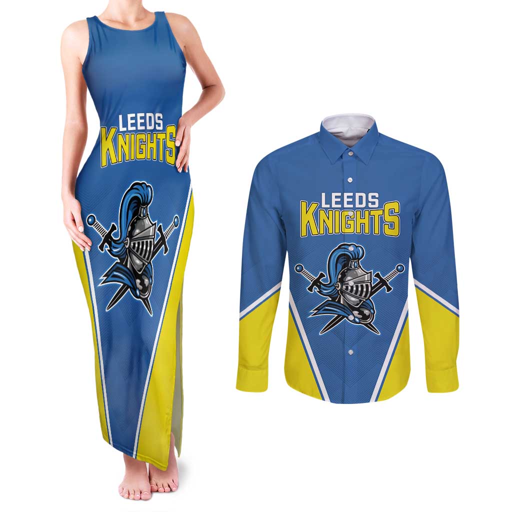 Custom West Knights of Yorkshire Couples Matching Tank Maxi Dress and Long Sleeve Button Shirt Skate Hard Hit Harder Blue Version - Wonder Print Shop
