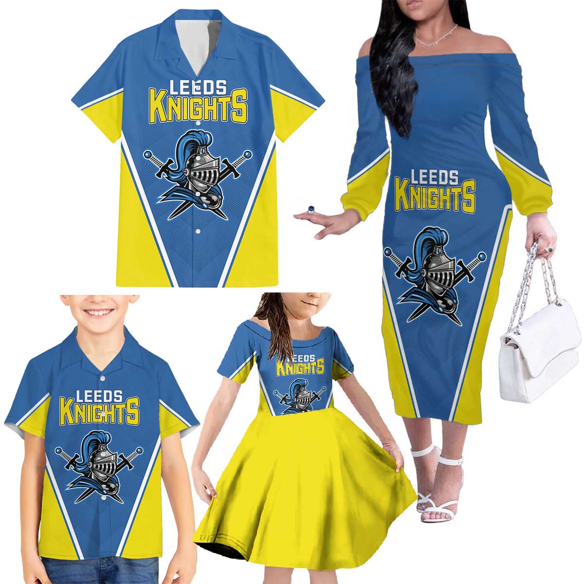 Custom West Knights of Yorkshire Family Matching Off The Shoulder Long Sleeve Dress and Hawaiian Shirt Skate Hard Hit Harder Blue Version - Wonder Print Shop