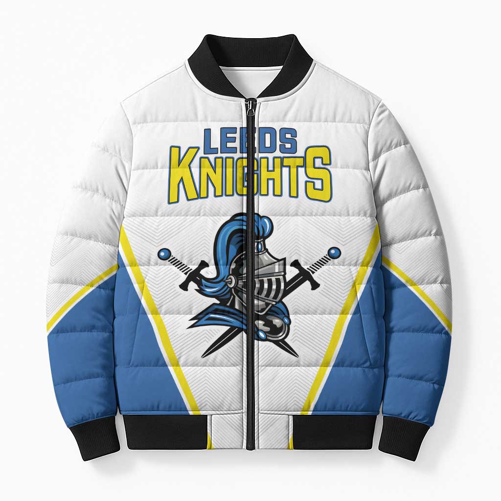 Custom West Knights of Yorkshire Bomber Puffer Jacket Skate Hard Hit Harder White Version - Wonder Print Shop