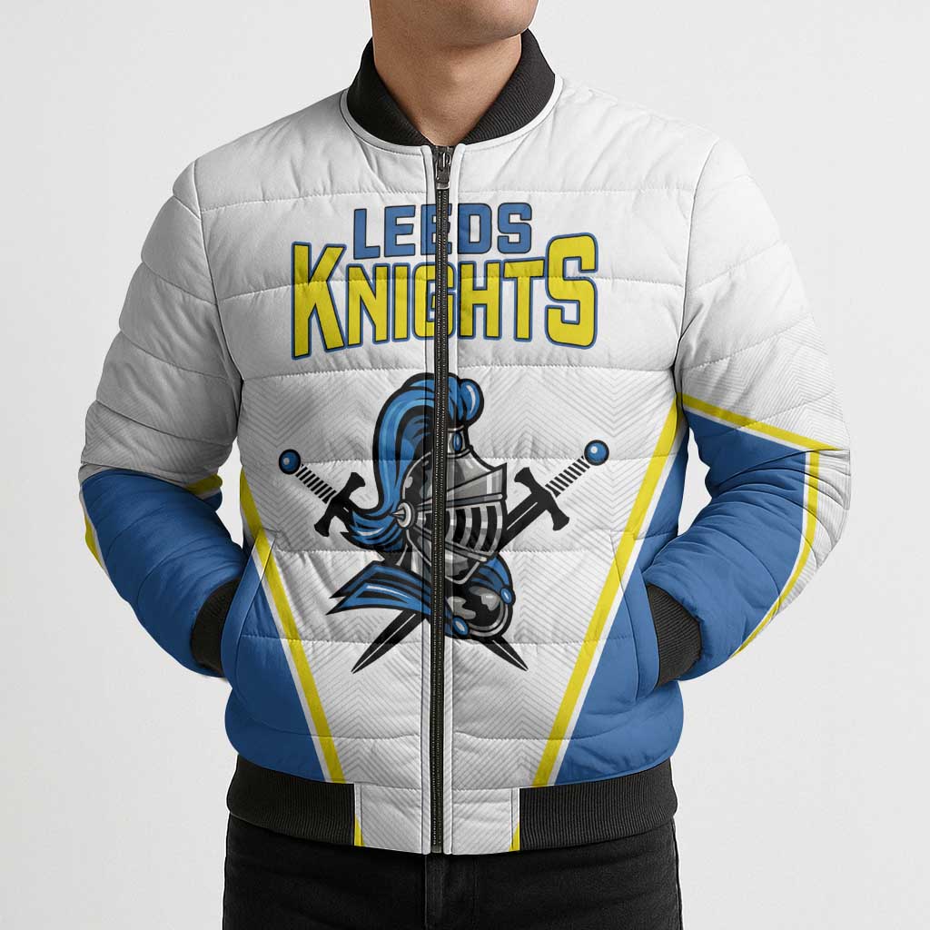 Custom West Knights of Yorkshire Bomber Puffer Jacket Skate Hard Hit Harder White Version - Wonder Print Shop
