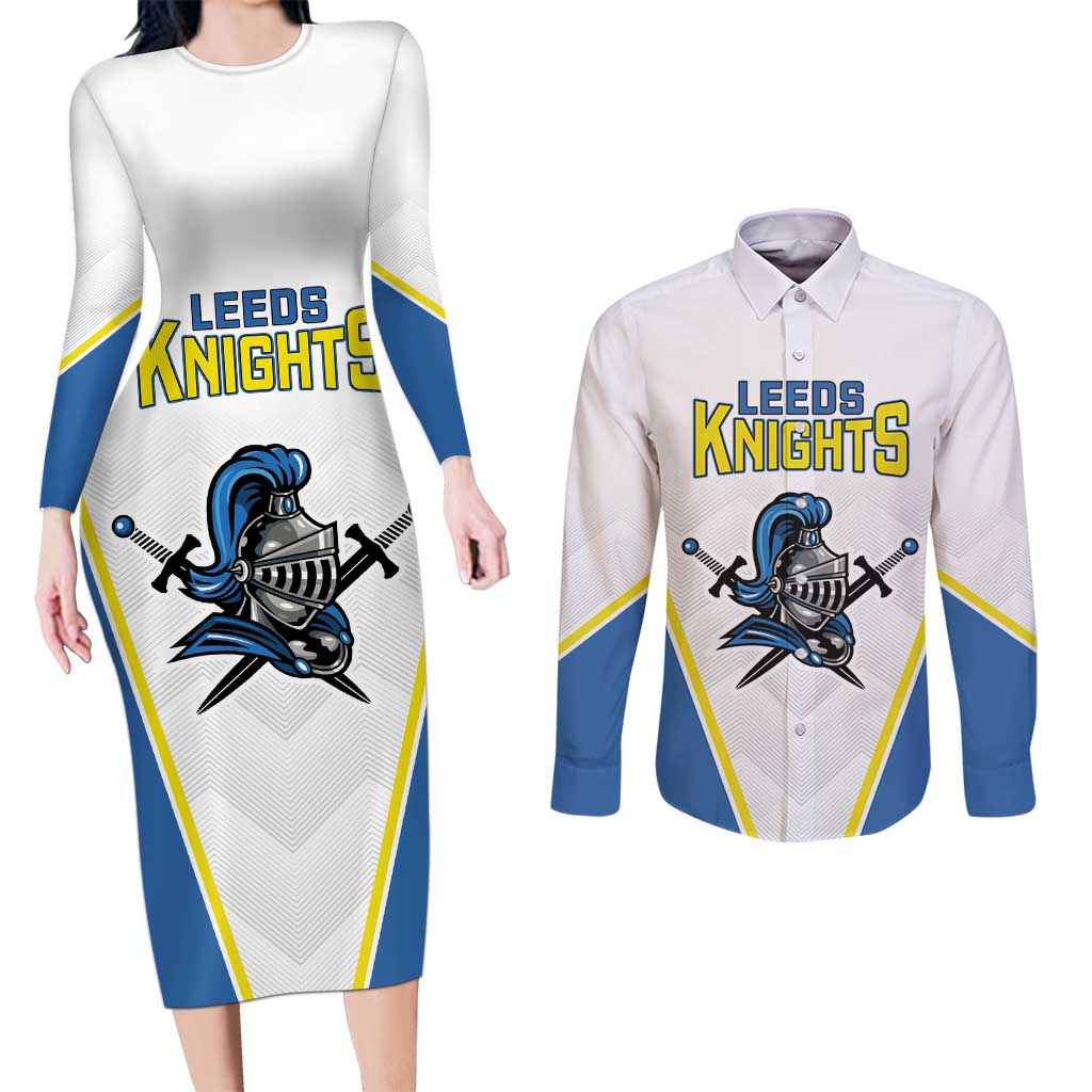 Custom West Knights of Yorkshire Couples Matching Long Sleeve Bodycon Dress and Long Sleeve Button Shirt Skate Hard Hit Harder White Version - Wonder Print Shop