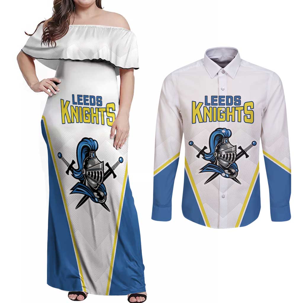 Custom West Knights of Yorkshire Couples Matching Off Shoulder Maxi Dress and Long Sleeve Button Shirt Skate Hard Hit Harder White Version - Wonder Print Shop