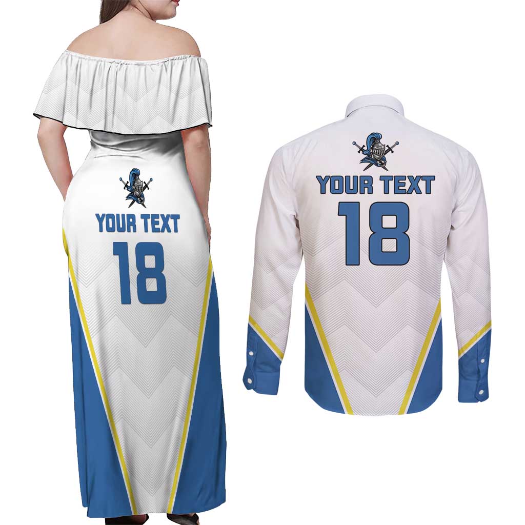 Custom West Knights of Yorkshire Couples Matching Off Shoulder Maxi Dress and Long Sleeve Button Shirt Skate Hard Hit Harder White Version - Wonder Print Shop
