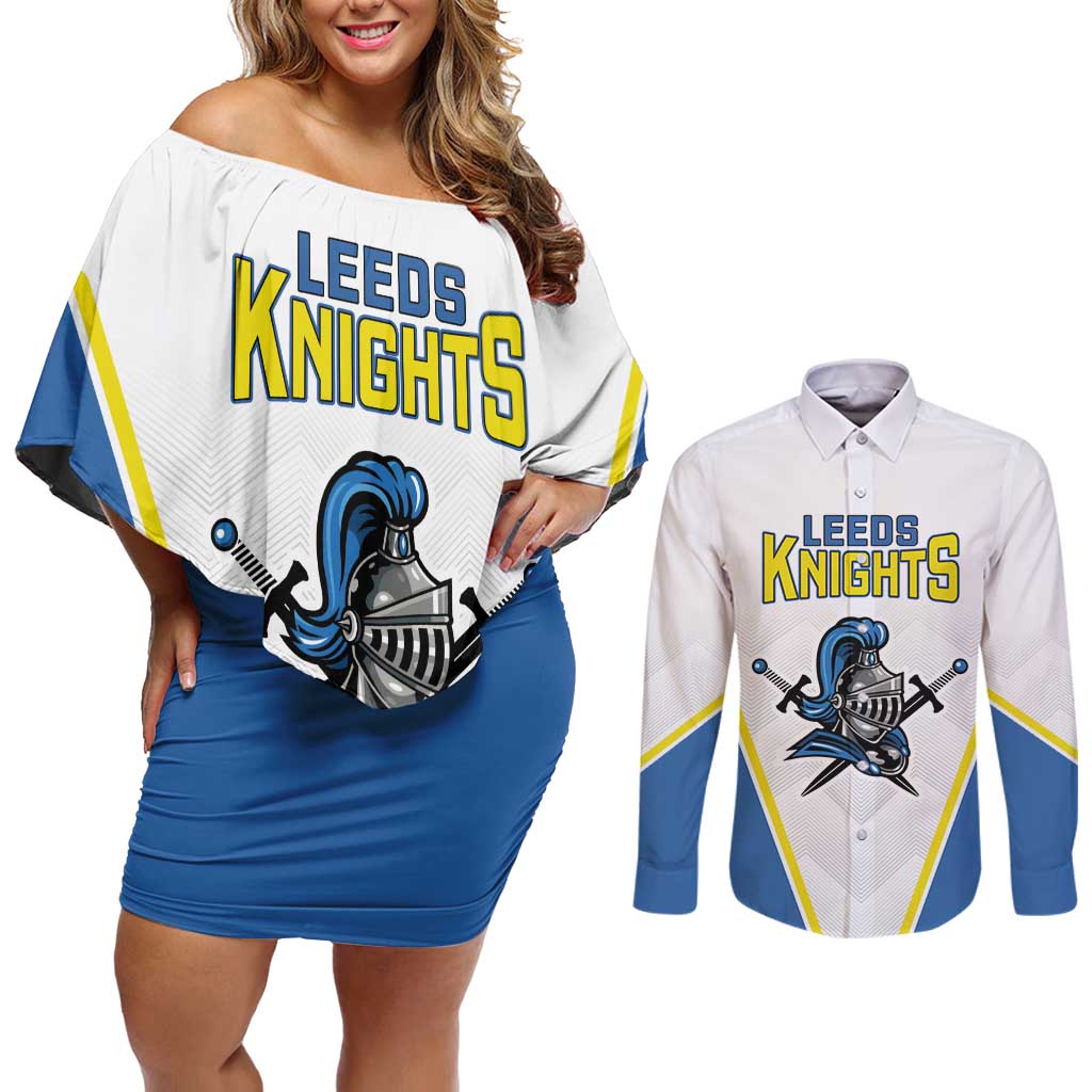 Custom West Knights of Yorkshire Couples Matching Off Shoulder Short Dress and Long Sleeve Button Shirt Skate Hard Hit Harder White Version - Wonder Print Shop