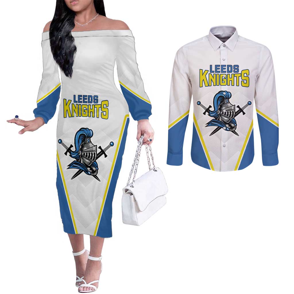 Custom West Knights of Yorkshire Couples Matching Off The Shoulder Long Sleeve Dress and Long Sleeve Button Shirt Skate Hard Hit Harder White Version - Wonder Print Shop