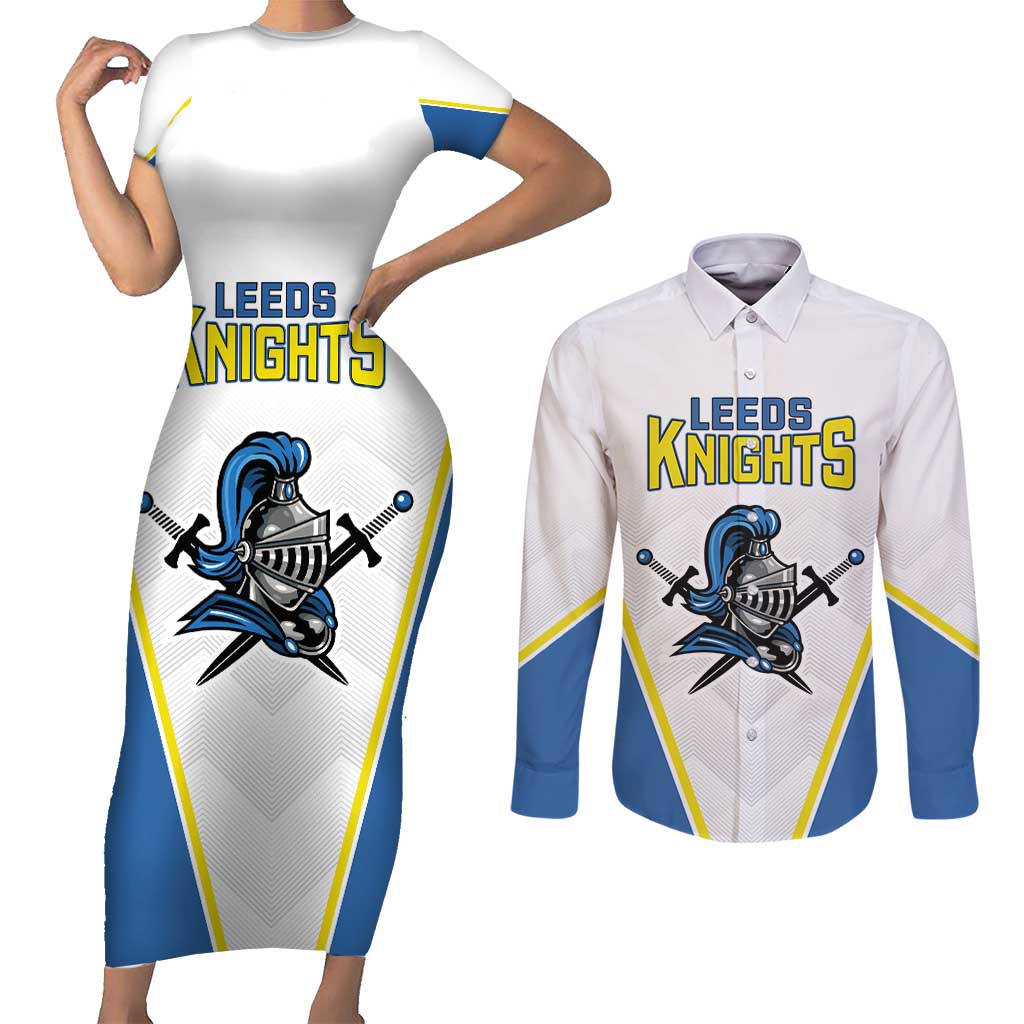 Custom West Knights of Yorkshire Couples Matching Short Sleeve Bodycon Dress and Long Sleeve Button Shirt Skate Hard Hit Harder White Version - Wonder Print Shop