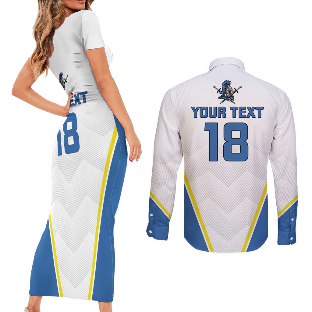 Custom West Knights of Yorkshire Couples Matching Short Sleeve Bodycon Dress and Long Sleeve Button Shirt Skate Hard Hit Harder White Version - Wonder Print Shop
