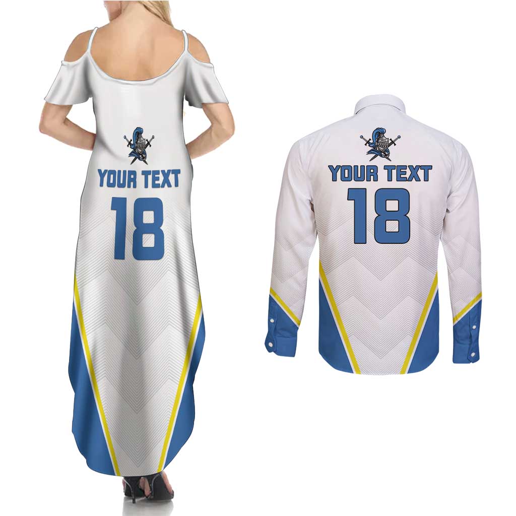 Custom West Knights of Yorkshire Couples Matching Summer Maxi Dress and Long Sleeve Button Shirt Skate Hard Hit Harder White Version - Wonder Print Shop