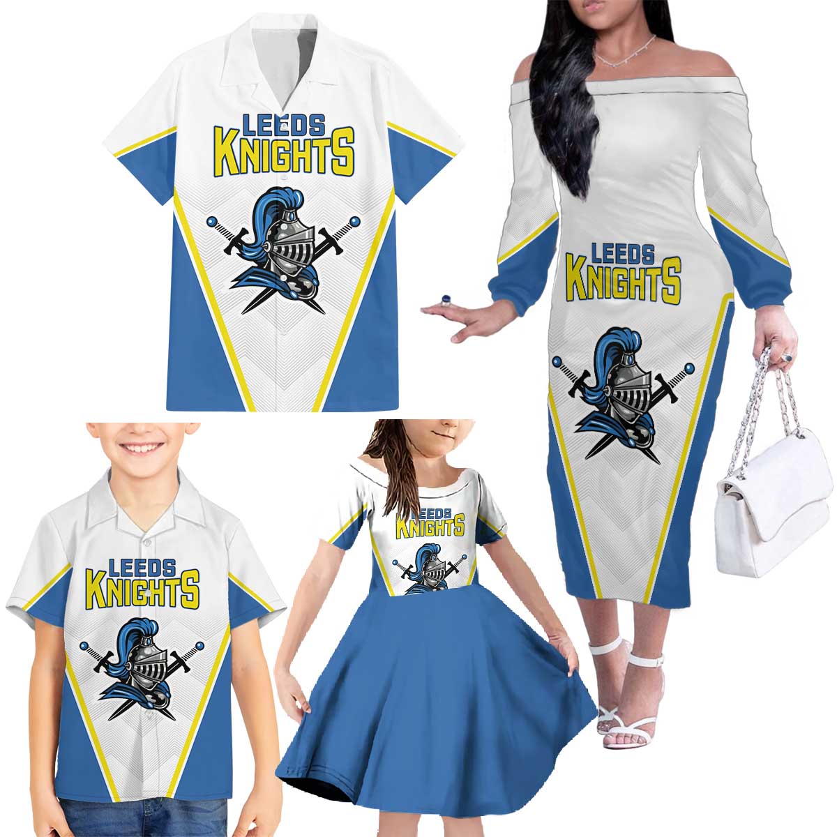 Custom West Knights of Yorkshire Family Matching Off The Shoulder Long Sleeve Dress and Hawaiian Shirt Skate Hard Hit Harder White Version - Wonder Print Shop