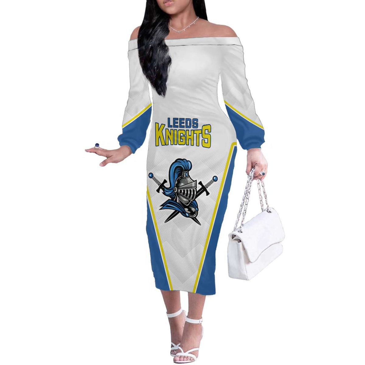 Custom West Knights of Yorkshire Off The Shoulder Long Sleeve Dress Skate Hard Hit Harder White Version - Wonder Print Shop