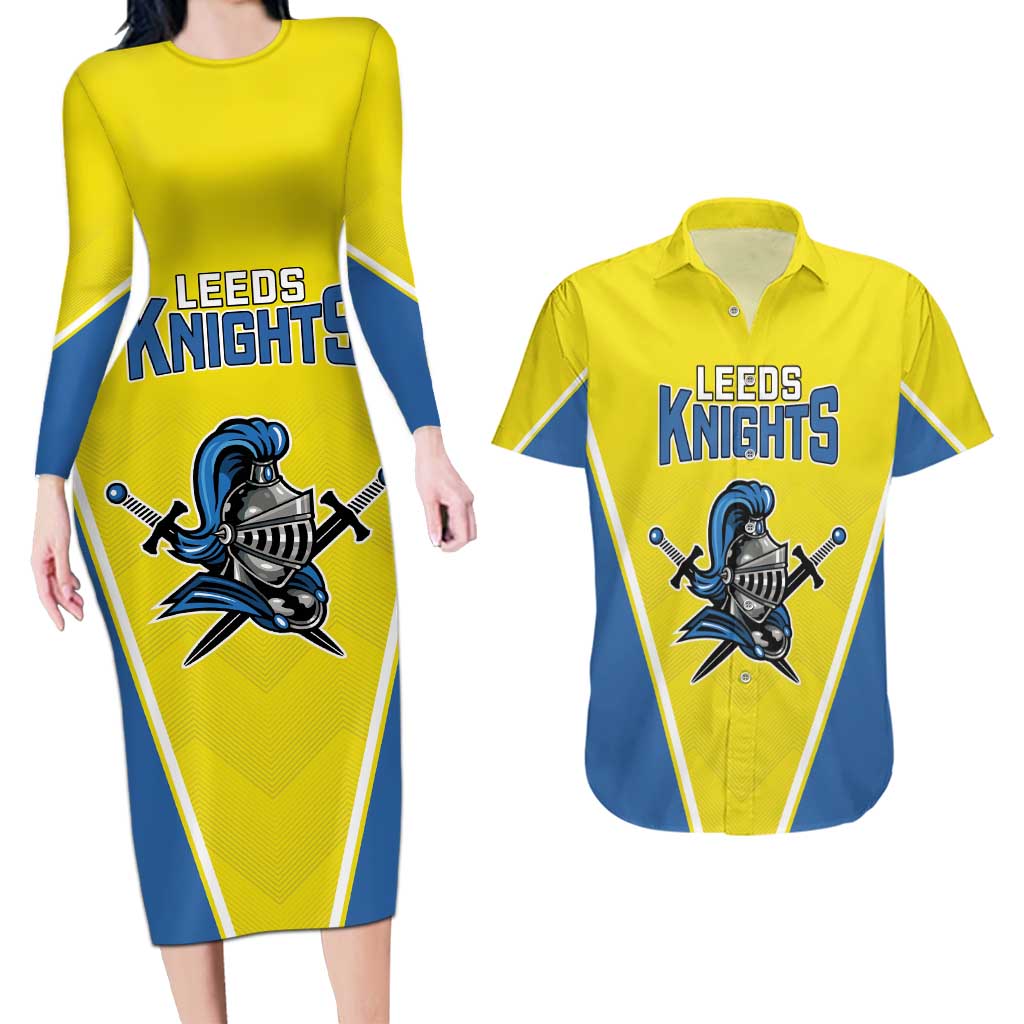 Custom West Knights of Yorkshire Couples Matching Long Sleeve Bodycon Dress and Hawaiian Shirt Skate Hard Hit Harder Yellow Version - Wonder Print Shop