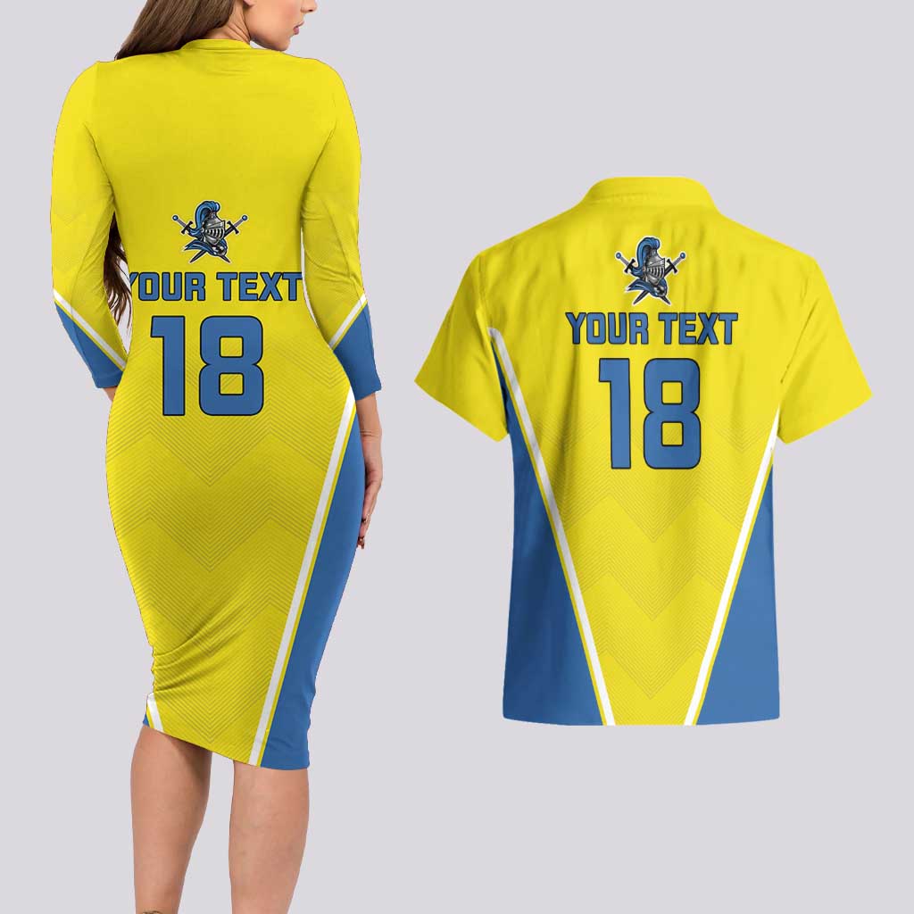 Custom West Knights of Yorkshire Couples Matching Long Sleeve Bodycon Dress and Hawaiian Shirt Skate Hard Hit Harder Yellow Version - Wonder Print Shop