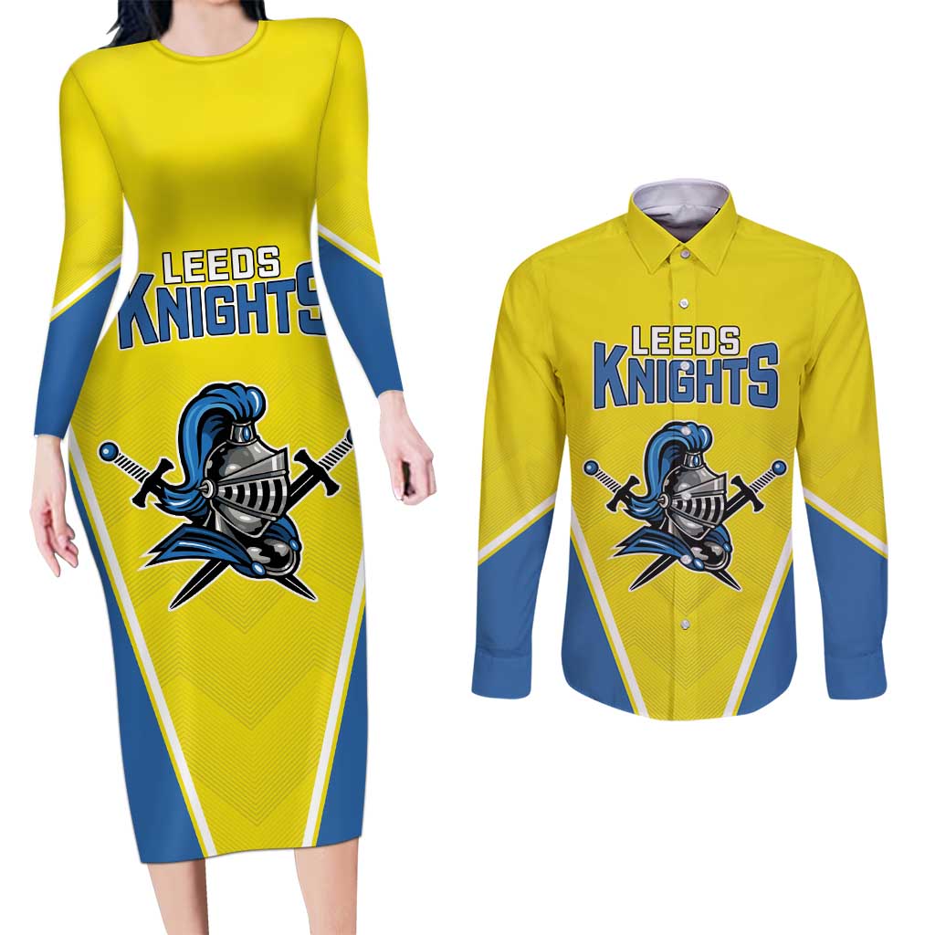 Custom West Knights of Yorkshire Couples Matching Long Sleeve Bodycon Dress and Long Sleeve Button Shirt Skate Hard Hit Harder Yellow Version - Wonder Print Shop