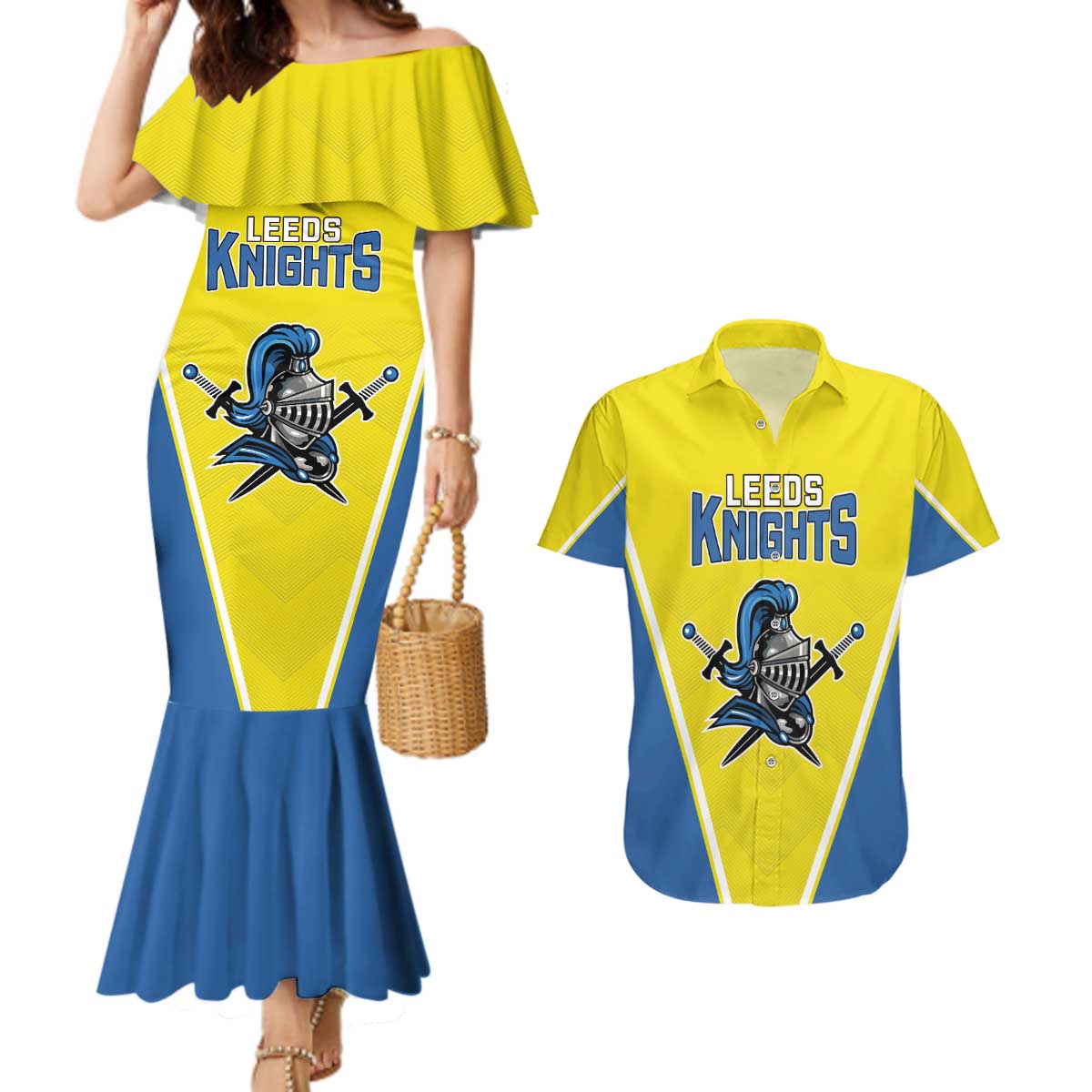 Custom West Knights of Yorkshire Couples Matching Mermaid Dress and Hawaiian Shirt Skate Hard Hit Harder Yellow Version - Wonder Print Shop