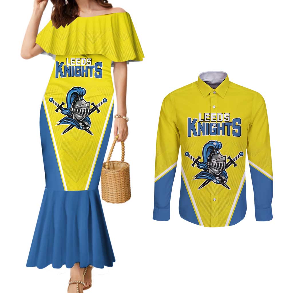 Custom West Knights of Yorkshire Couples Matching Mermaid Dress and Long Sleeve Button Shirt Skate Hard Hit Harder Yellow Version - Wonder Print Shop