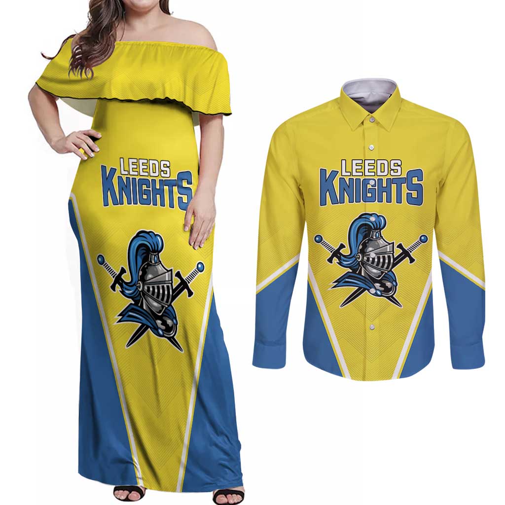 Custom West Knights of Yorkshire Couples Matching Off Shoulder Maxi Dress and Long Sleeve Button Shirt Skate Hard Hit Harder Yellow Version - Wonder Print Shop