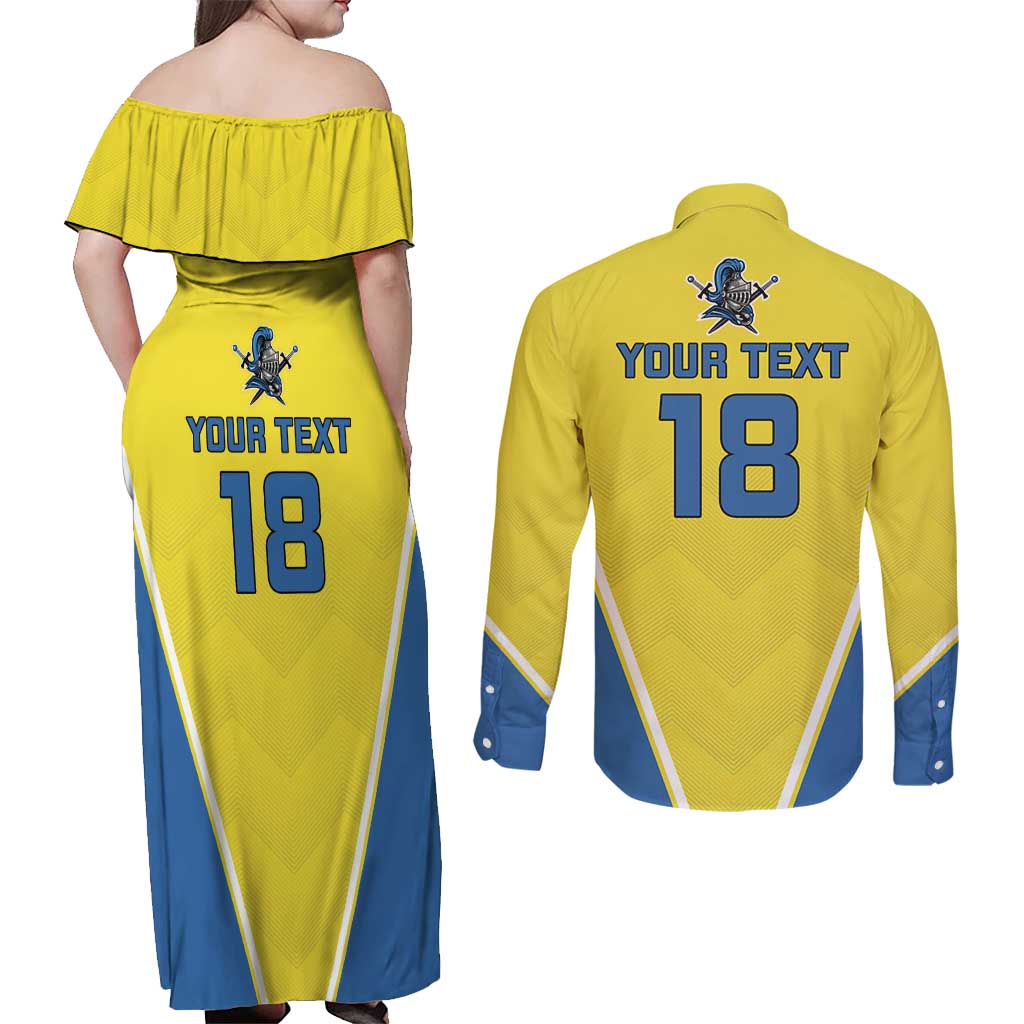 Custom West Knights of Yorkshire Couples Matching Off Shoulder Maxi Dress and Long Sleeve Button Shirt Skate Hard Hit Harder Yellow Version - Wonder Print Shop
