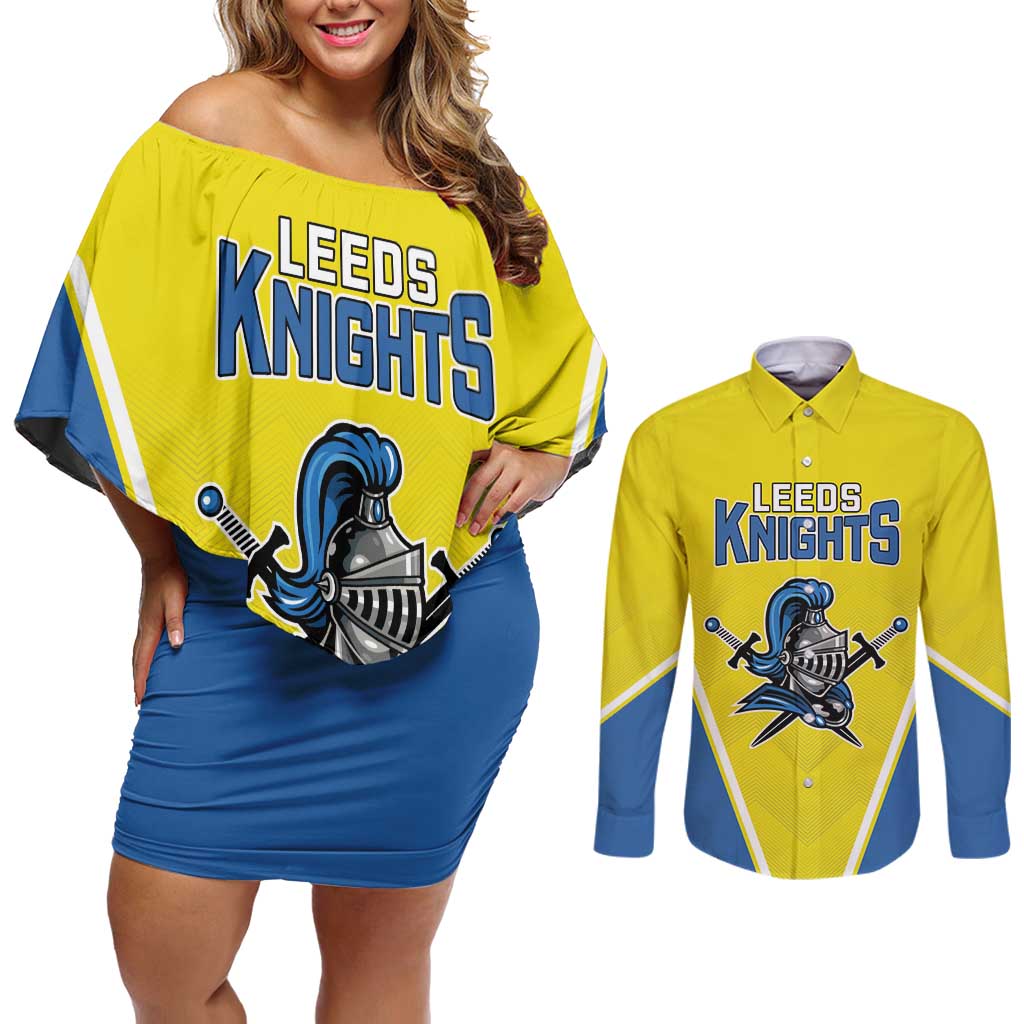 Custom West Knights of Yorkshire Couples Matching Off Shoulder Short Dress and Long Sleeve Button Shirt Skate Hard Hit Harder Yellow Version - Wonder Print Shop