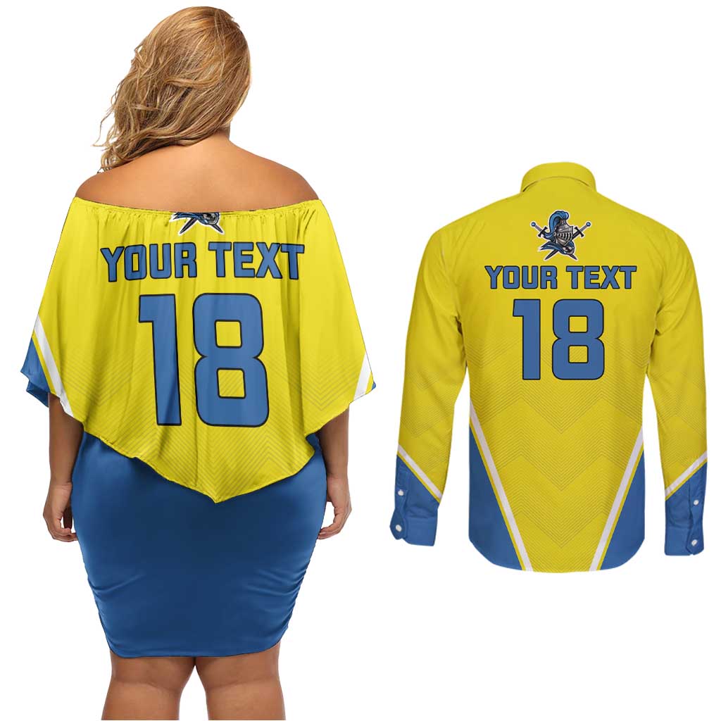 Custom West Knights of Yorkshire Couples Matching Off Shoulder Short Dress and Long Sleeve Button Shirt Skate Hard Hit Harder Yellow Version - Wonder Print Shop