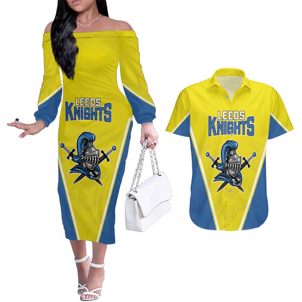 Custom West Knights of Yorkshire Couples Matching Off The Shoulder Long Sleeve Dress and Hawaiian Shirt Skate Hard Hit Harder Yellow Version - Wonder Print Shop