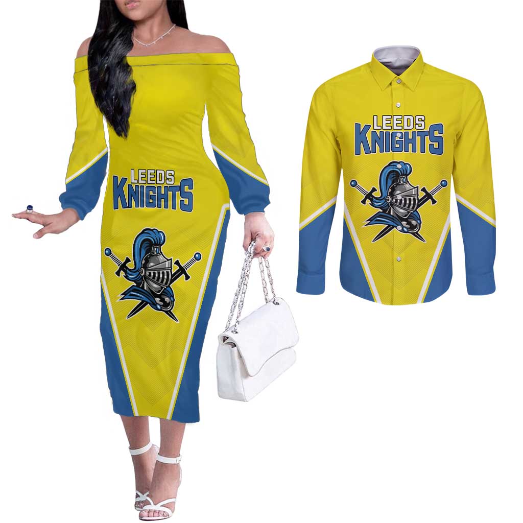 Custom West Knights of Yorkshire Couples Matching Off The Shoulder Long Sleeve Dress and Long Sleeve Button Shirt Skate Hard Hit Harder Yellow Version - Wonder Print Shop