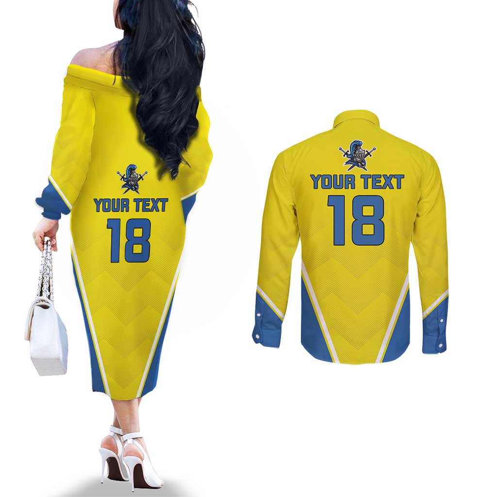 Custom West Knights of Yorkshire Couples Matching Off The Shoulder Long Sleeve Dress and Long Sleeve Button Shirt Skate Hard Hit Harder Yellow Version - Wonder Print Shop