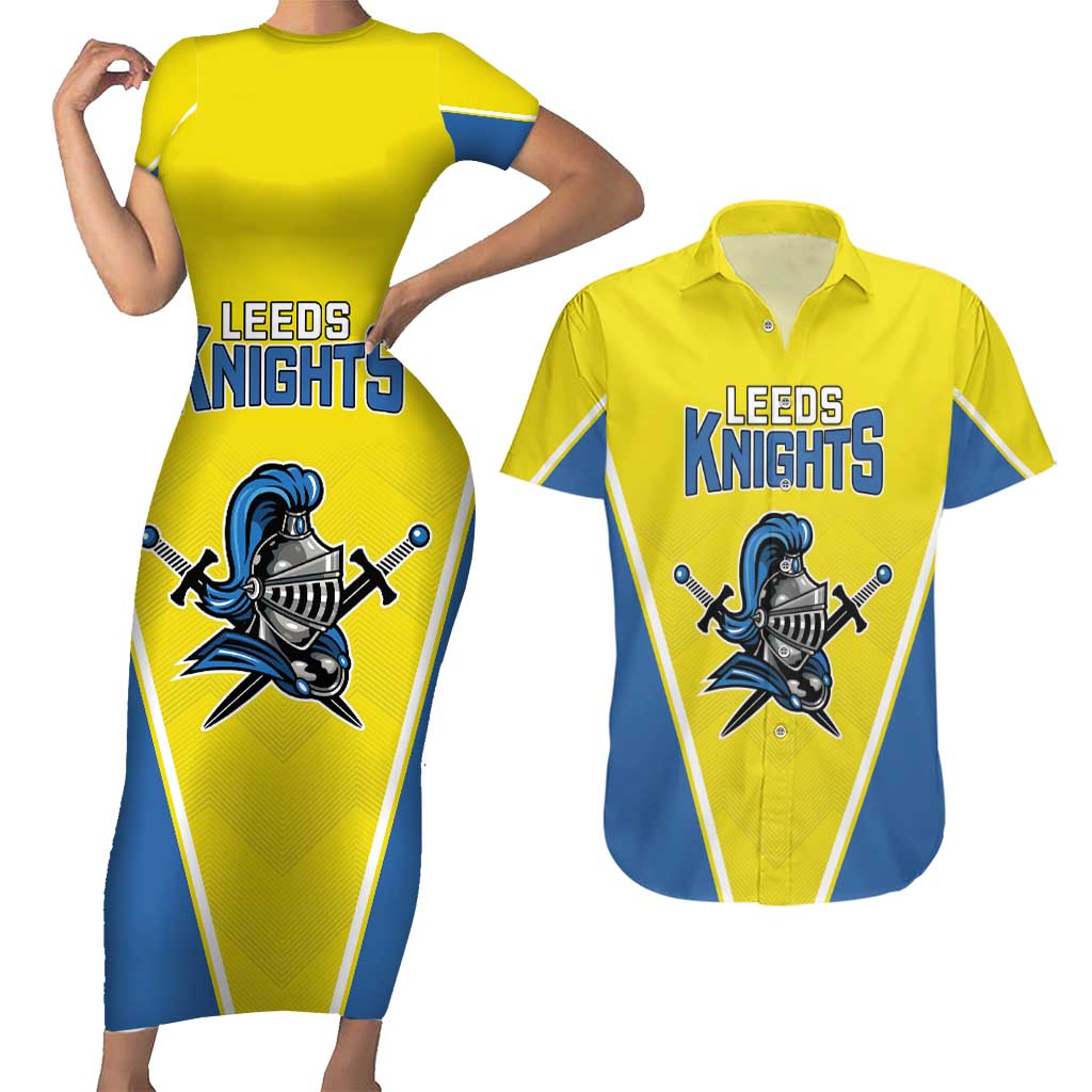 Custom West Knights of Yorkshire Couples Matching Short Sleeve Bodycon Dress and Hawaiian Shirt Skate Hard Hit Harder Yellow Version - Wonder Print Shop