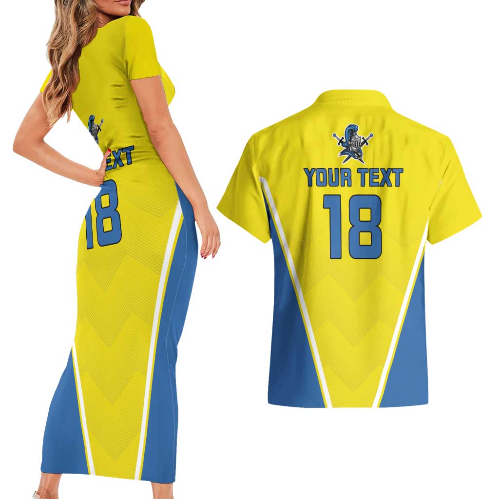 Custom West Knights of Yorkshire Couples Matching Short Sleeve Bodycon Dress and Hawaiian Shirt Skate Hard Hit Harder Yellow Version - Wonder Print Shop
