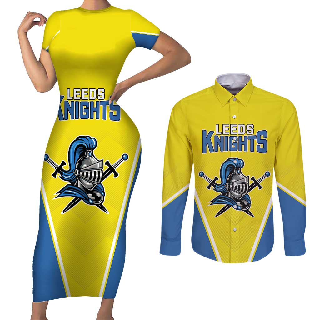 Custom West Knights of Yorkshire Couples Matching Short Sleeve Bodycon Dress and Long Sleeve Button Shirt Skate Hard Hit Harder Yellow Version - Wonder Print Shop