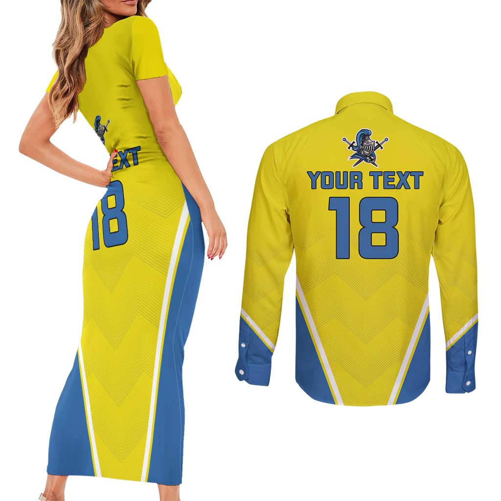 Custom West Knights of Yorkshire Couples Matching Short Sleeve Bodycon Dress and Long Sleeve Button Shirt Skate Hard Hit Harder Yellow Version - Wonder Print Shop