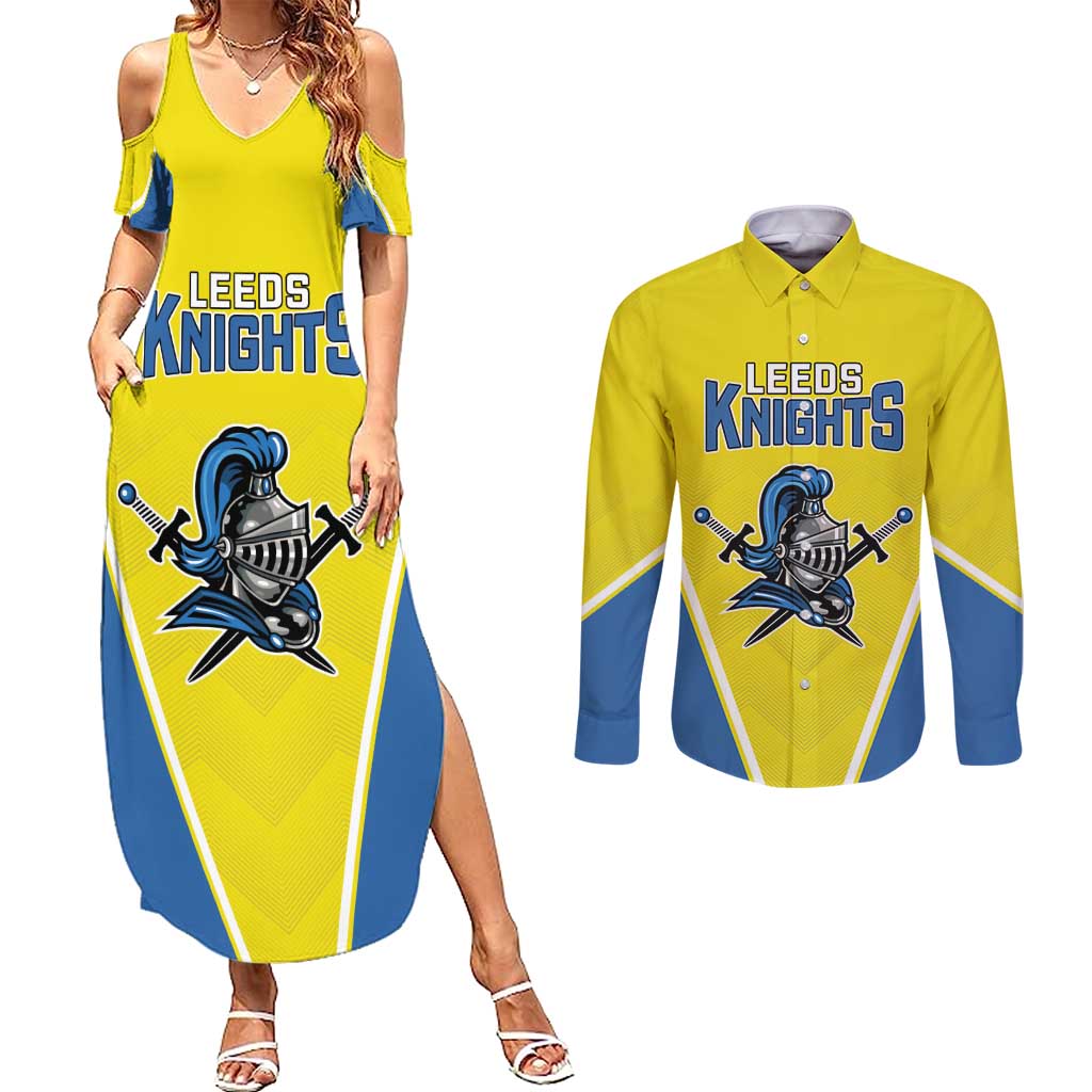 Custom West Knights of Yorkshire Couples Matching Summer Maxi Dress and Long Sleeve Button Shirt Skate Hard Hit Harder Yellow Version - Wonder Print Shop