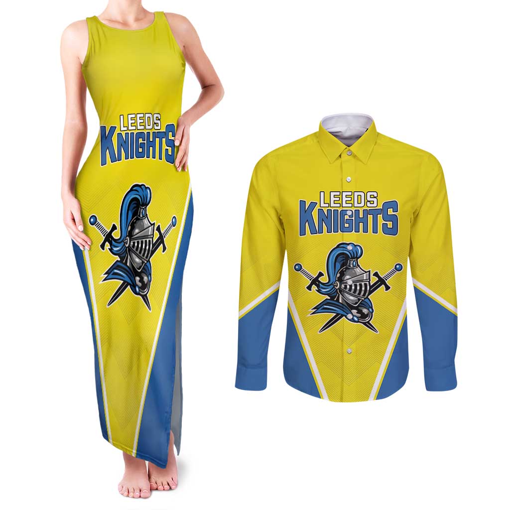 Custom West Knights of Yorkshire Couples Matching Tank Maxi Dress and Long Sleeve Button Shirt Skate Hard Hit Harder Yellow Version - Wonder Print Shop