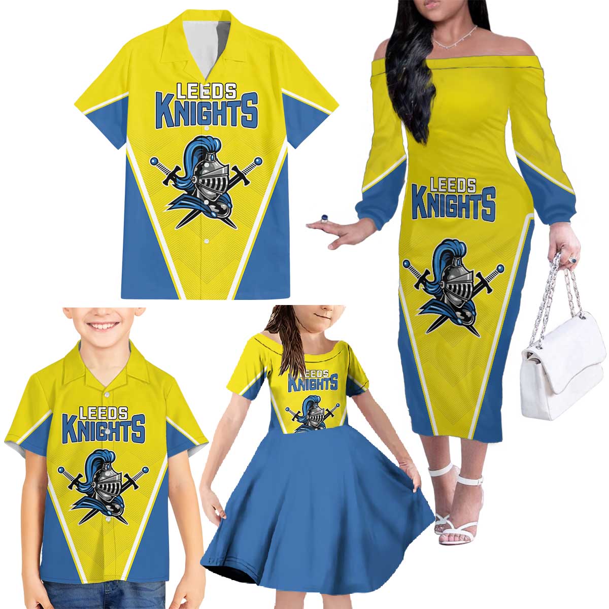 Custom West Knights of Yorkshire Family Matching Off The Shoulder Long Sleeve Dress and Hawaiian Shirt Skate Hard Hit Harder Yellow Version - Wonder Print Shop