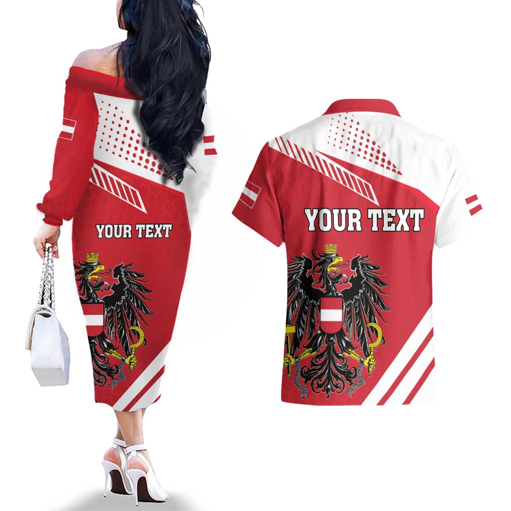 Personalized Austria Coat Of Arms Couples Matching Off The Shoulder Long Sleeve Dress and Hawaiian Shirt Flag Style - Wonder Print Shop