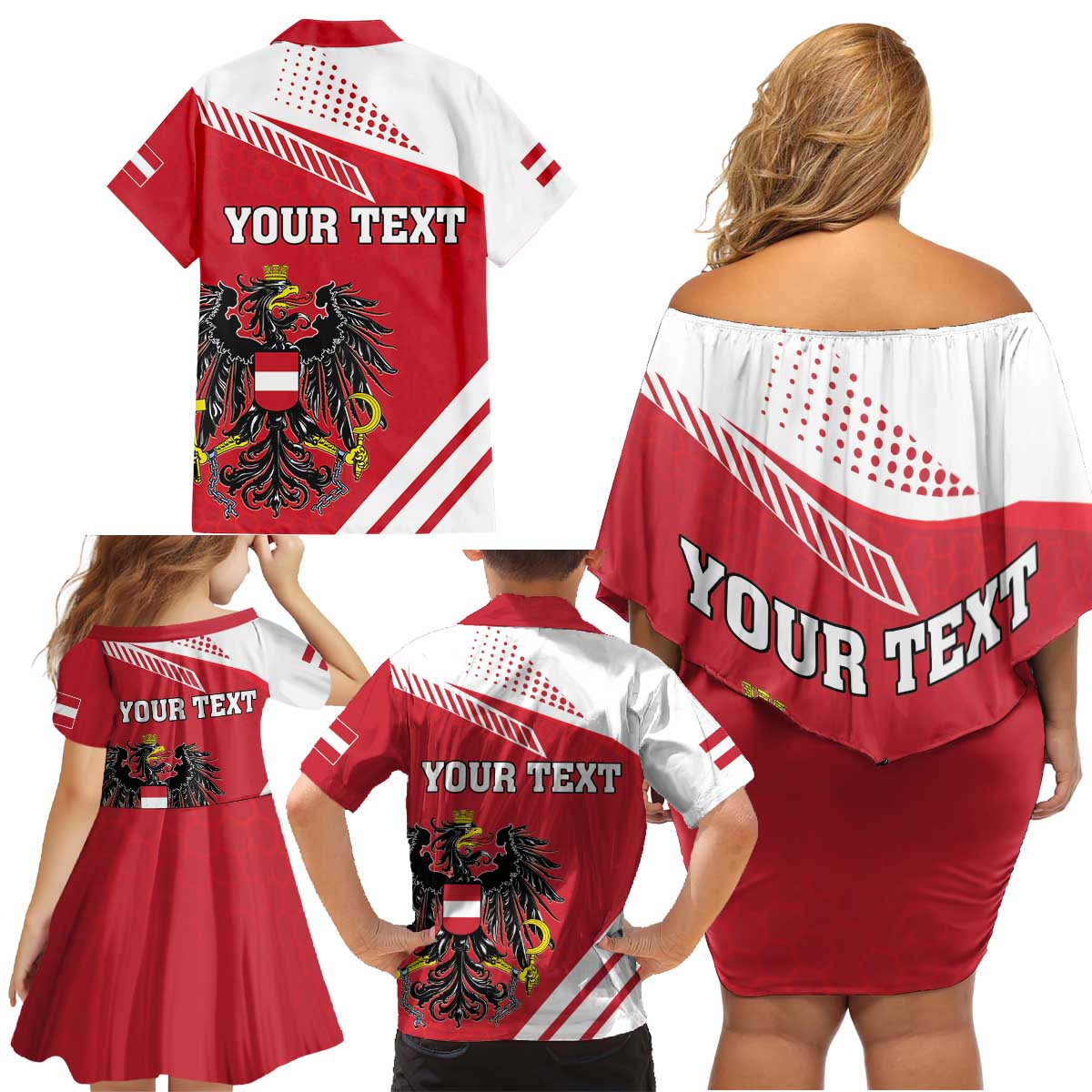 Personalized Austria Coat Of Arms Family Matching Off Shoulder Short Dress and Hawaiian Shirt Flag Style - Wonder Print Shop