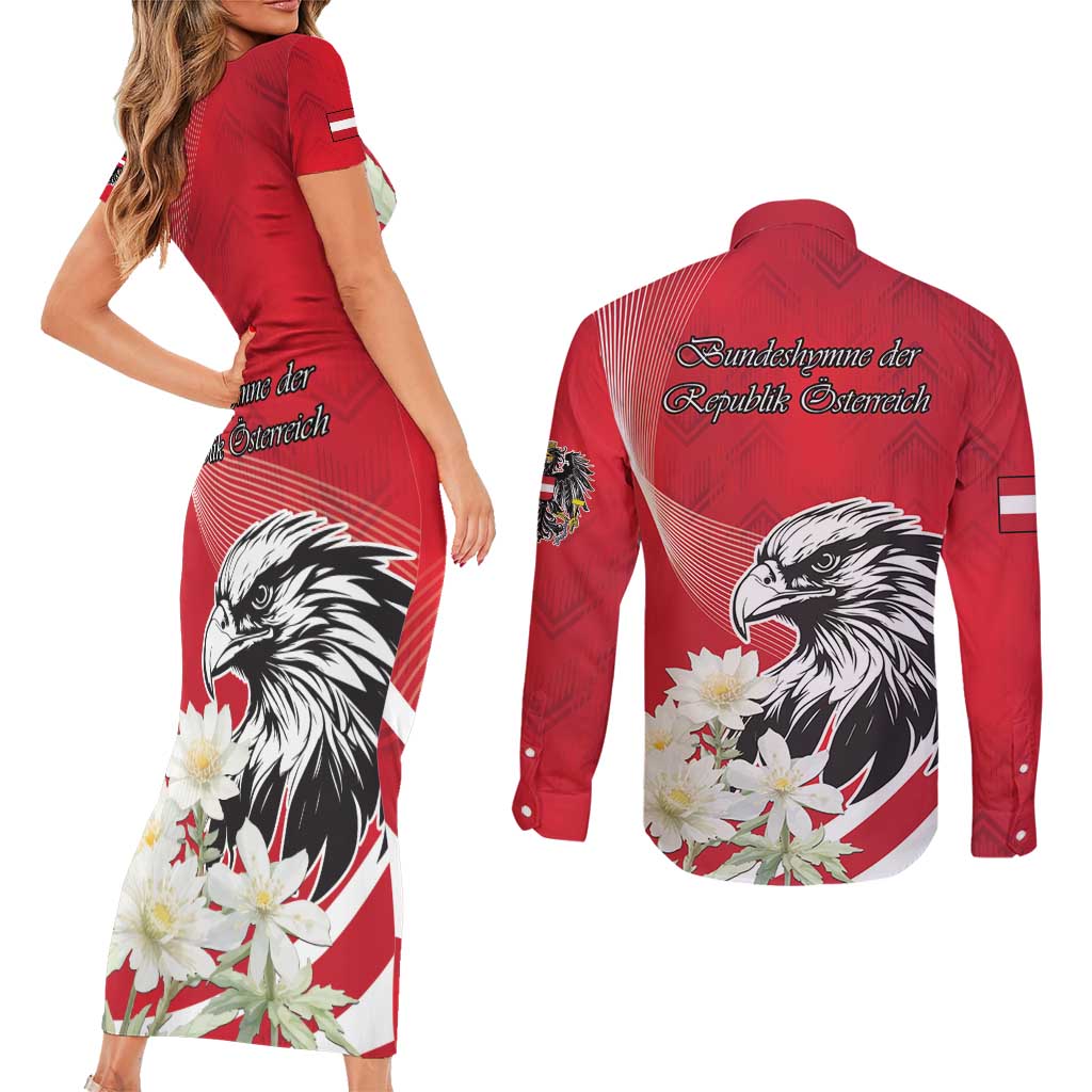 Austria Independence Day 1955 Couples Matching Short Sleeve Bodycon Dress and Long Sleeve Button Shirt Black Eagle And Edelweiss Flowers - Wonder Print Shop