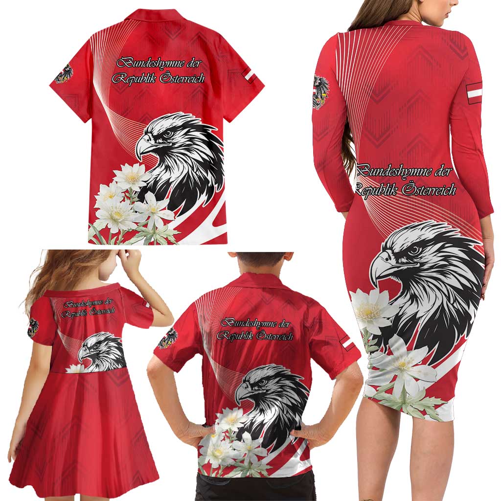 Austria Independence Day 1955 Family Matching Long Sleeve Bodycon Dress and Hawaiian Shirt Black Eagle And Edelweiss Flowers - Wonder Print Shop