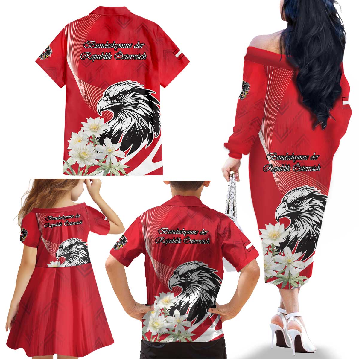 Austria Independence Day 1955 Family Matching Off The Shoulder Long Sleeve Dress and Hawaiian Shirt Black Eagle And Edelweiss Flowers - Wonder Print Shop