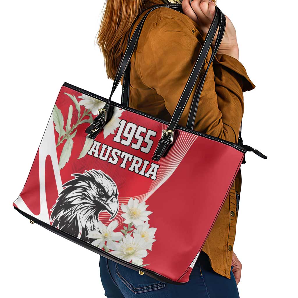 Austria Independence Day 1955 Leather Tote Bag Black Eagle And Edelweiss Flowers - Wonder Print Shop